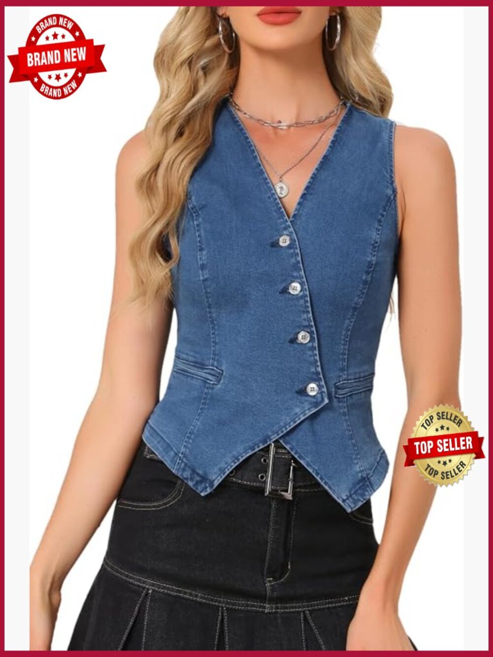 Crop Denim Vest V Neck Western Sleeveless Button Down Vest Casual Top